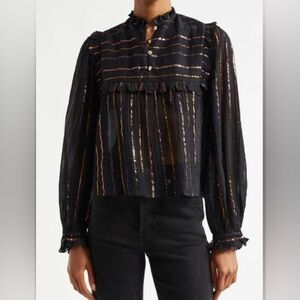 NWT Farm Rio Metallic Stripe Ruffle Shirt in Black XS
⭐️holes